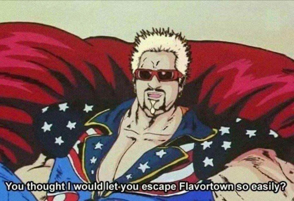 Anime-style Guy Fieri in sunglasses and a stars-and-stripes jacket, saying: You thought I would let you escape Flavortown so easily?